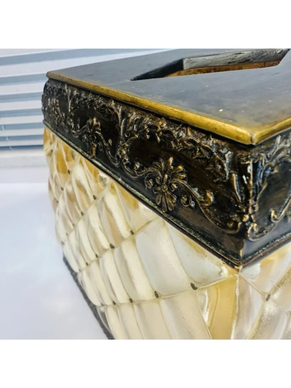 Vintage Amber Heavy Lucite Acrylic Square Tissue Box Holder Gold Ornate Regency
